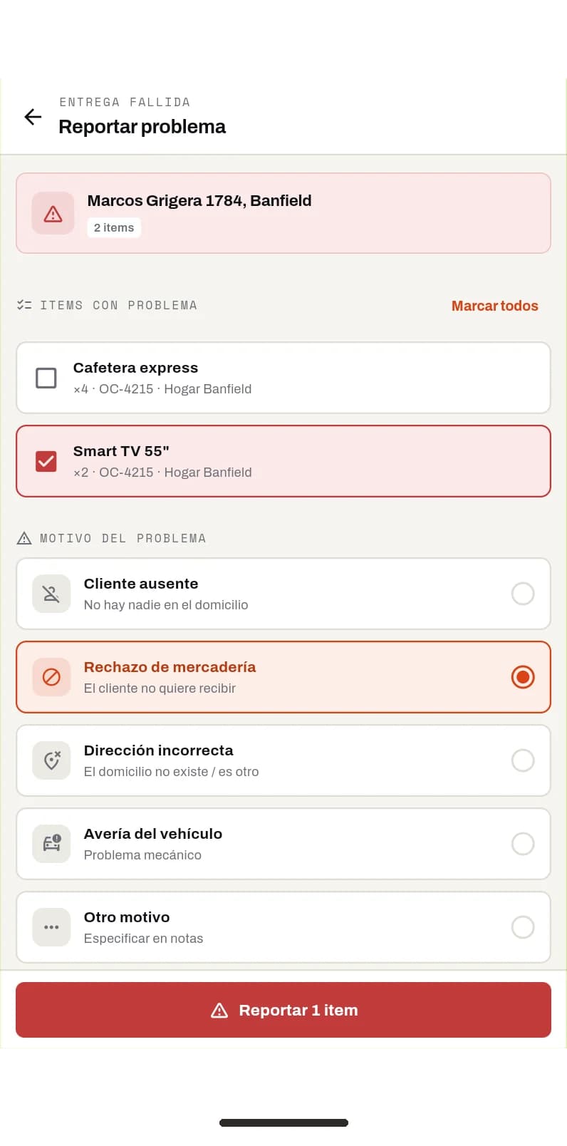 App del chofer: reportar un problema con un artículo y su motivo