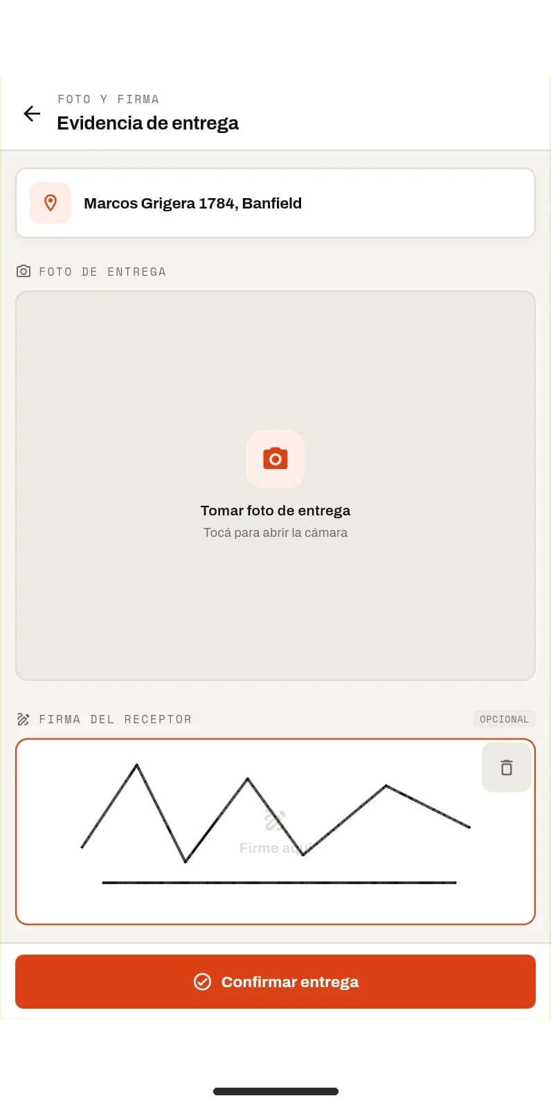 App del chofer: prueba de entrega