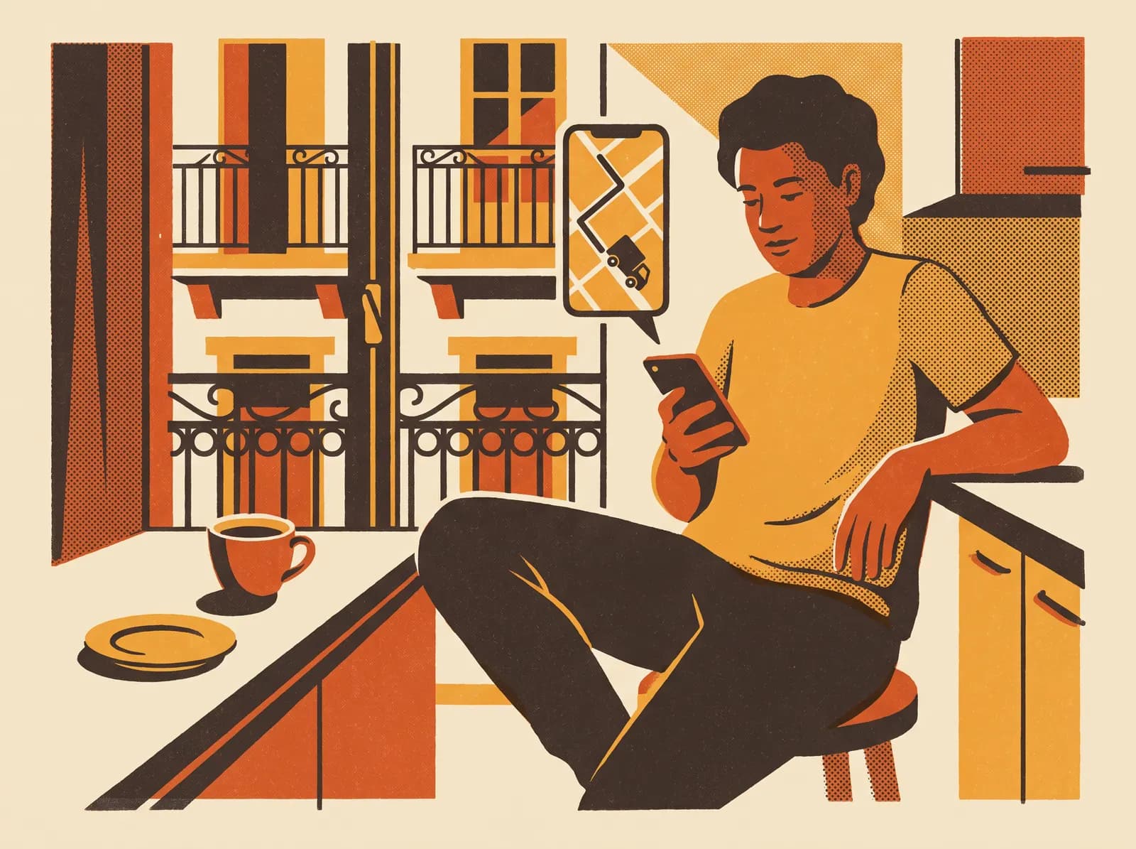 Cliente en su cocina mirando en el celular el camión que se acerca
