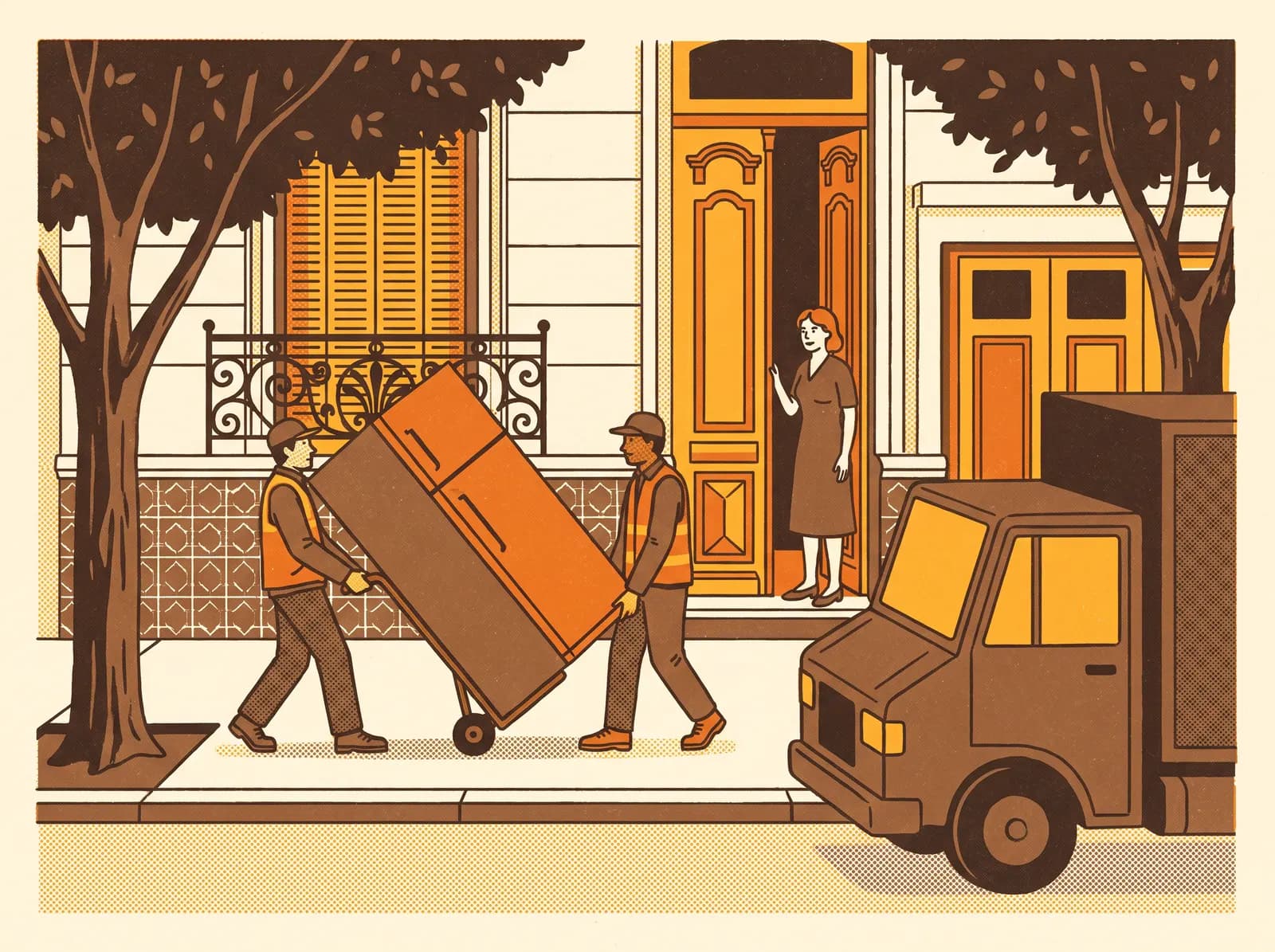 Repartidores llevando una heladera hasta la puerta de una casa