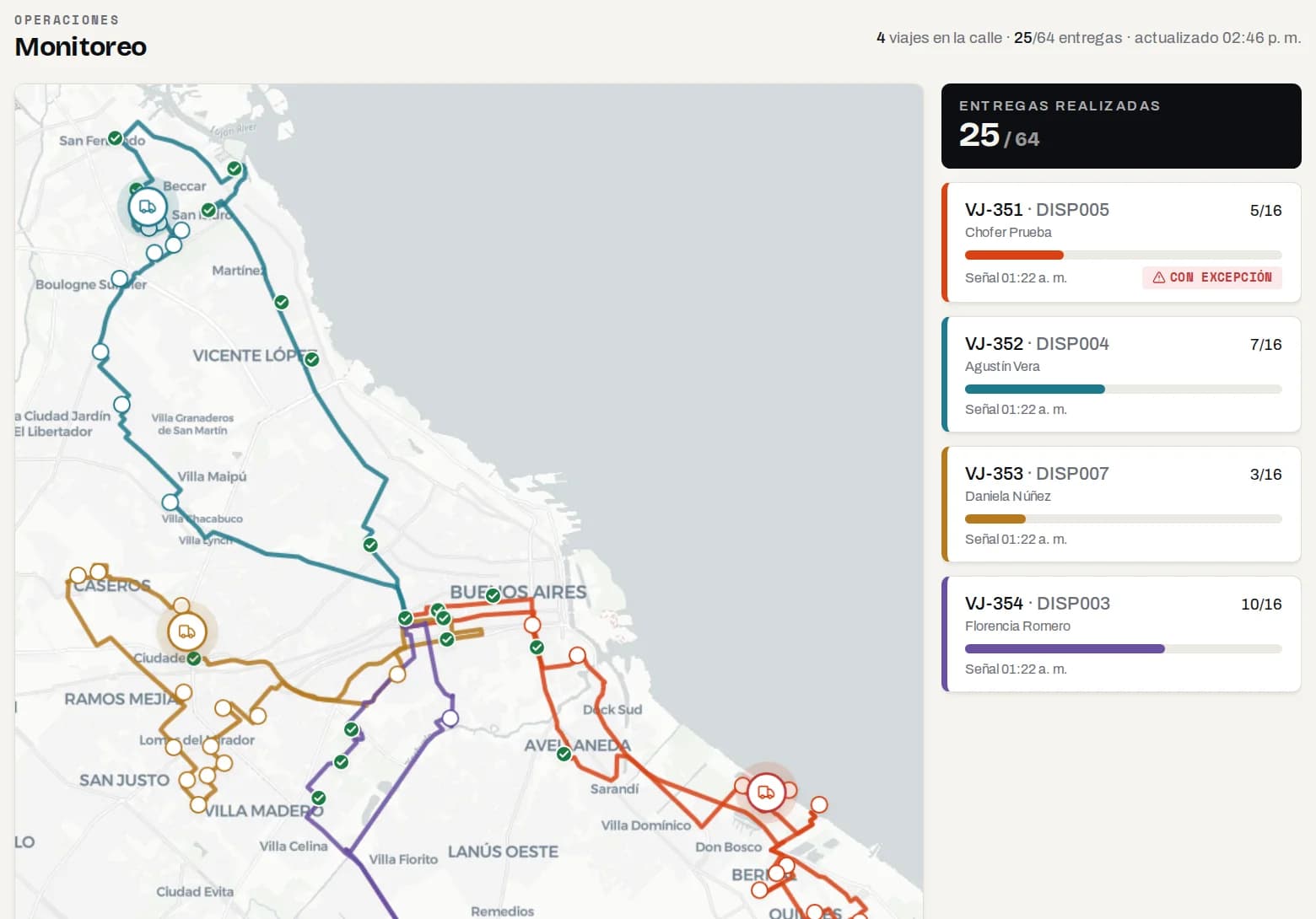 Monitoreo con cuatro viajes en la calle, sus rutas y el avance de cada uno
